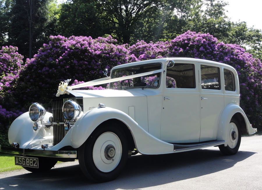 Rolls Royce Wedding Limo Purple Flowers