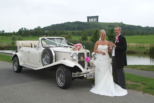 1930s style Beauford Convertible Wedding car at Penshaw hill